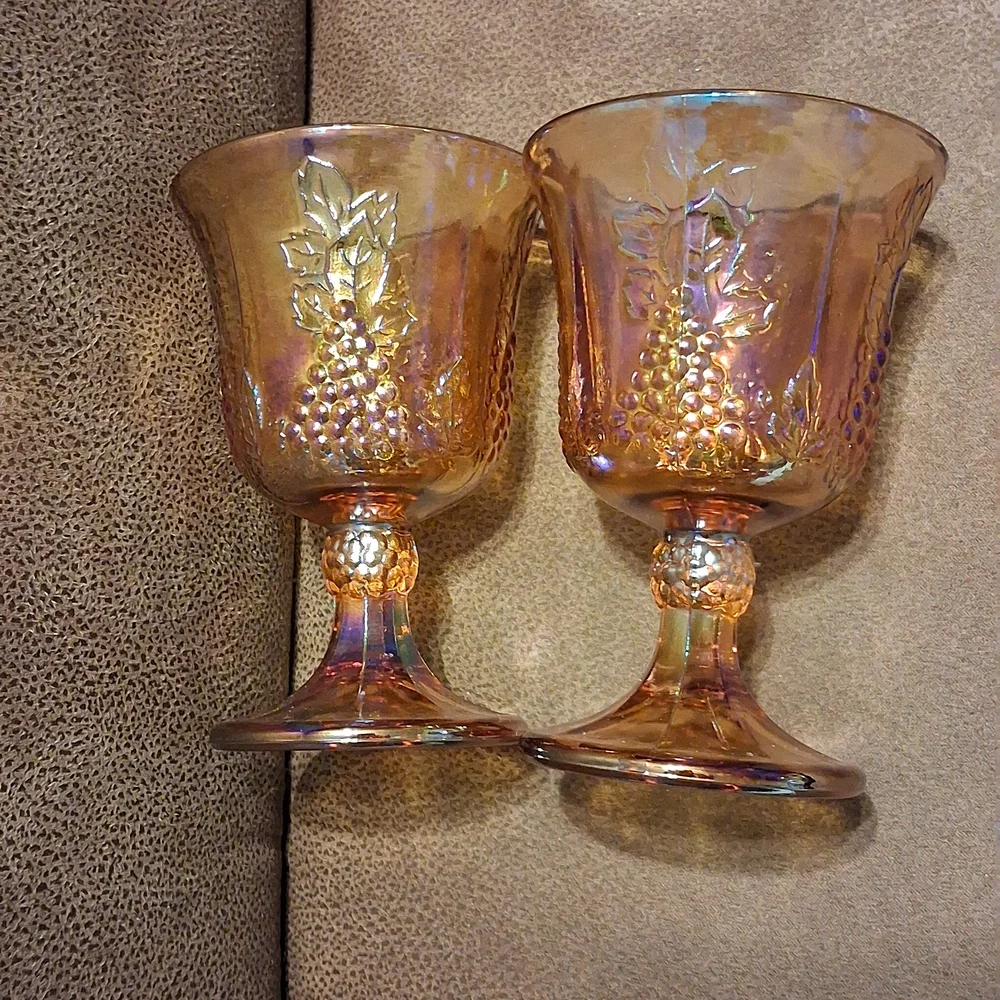 1970s Indiana Glass Iridescent Amber Grape Pattern Goblets